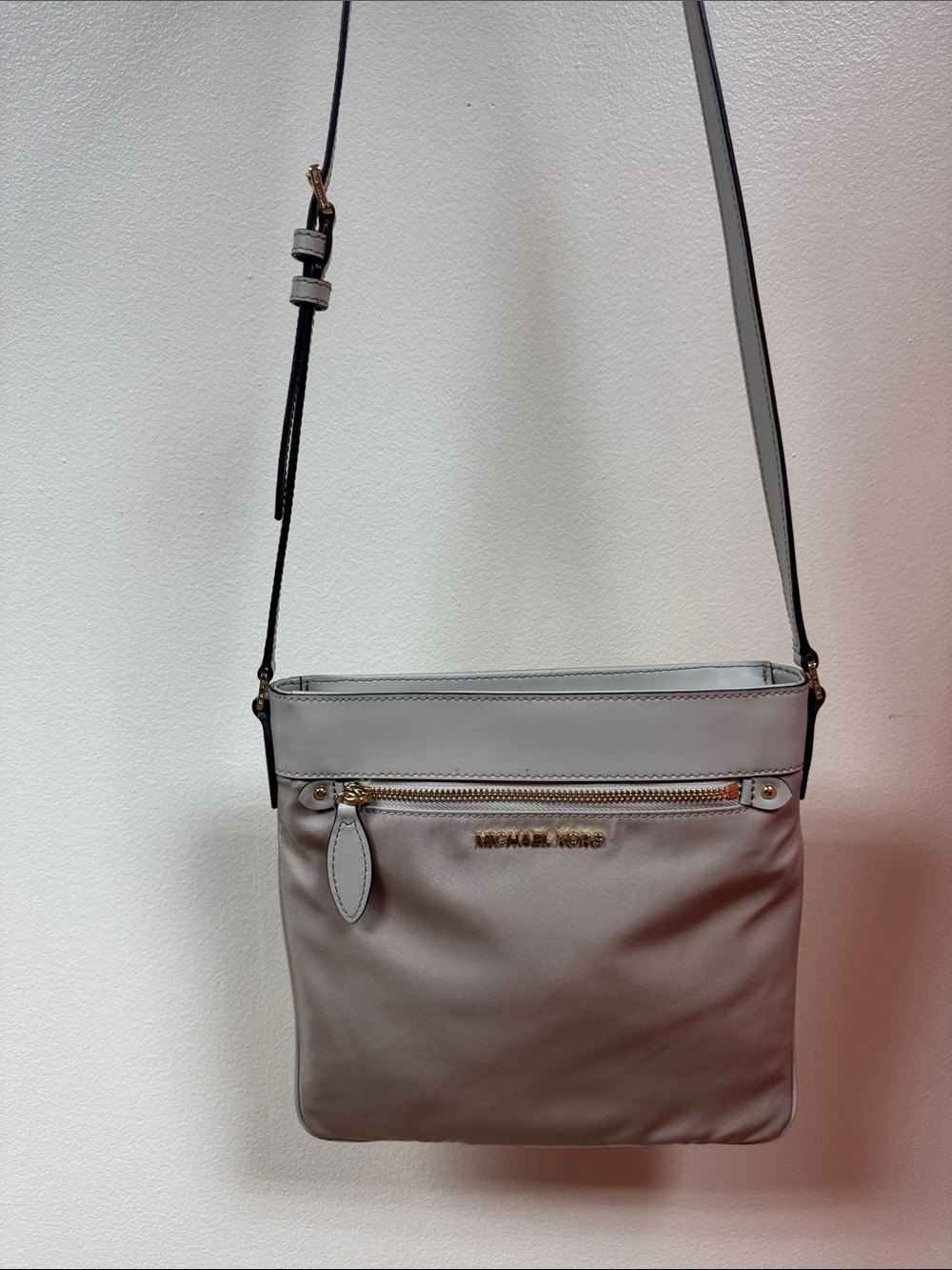 Michael Kors Light Gray Crossbody with Gold Hardware